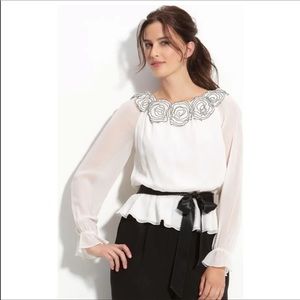 Adrianna Papell rosette chiffon white blouse top